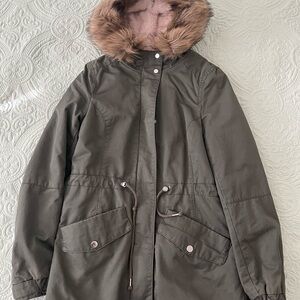 Olive Green Parka with Faux Fur Hood